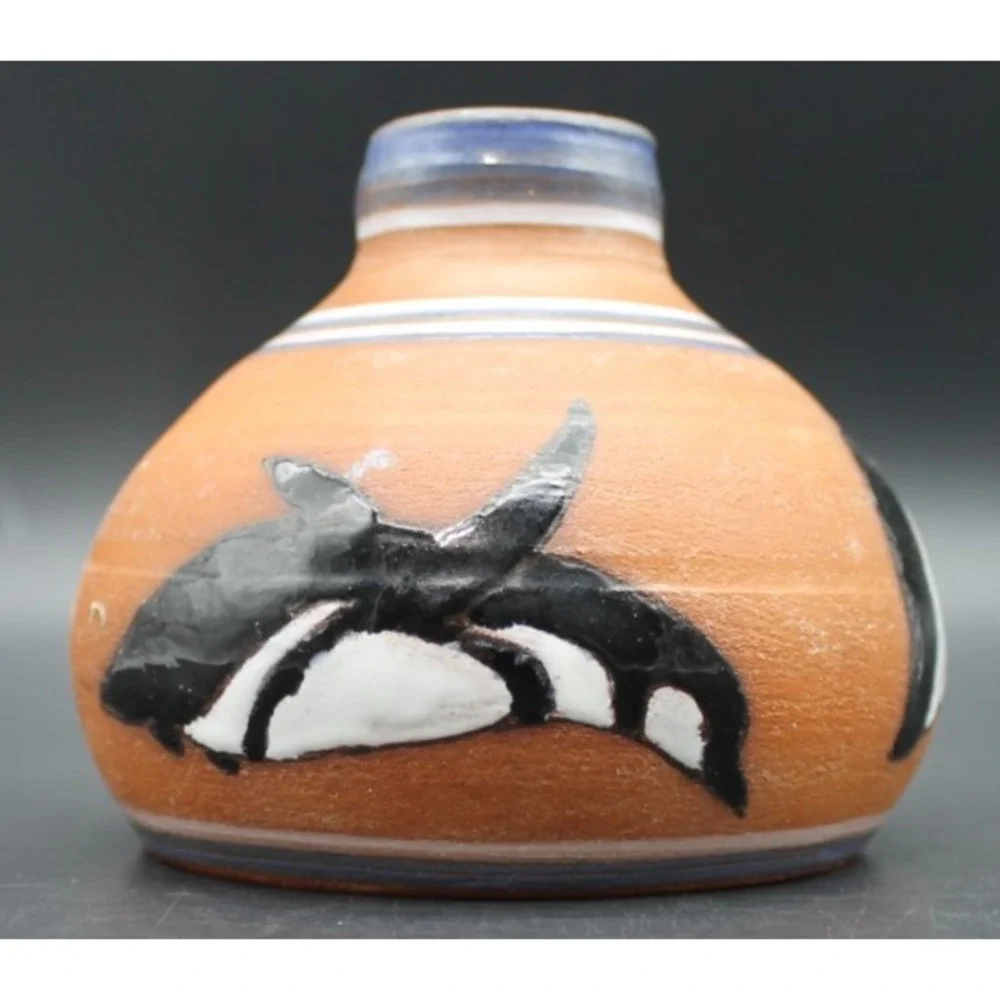 Hand Thrown Pottery Vase Penguin Motif Terracotta Studio Art Small Vase 4in